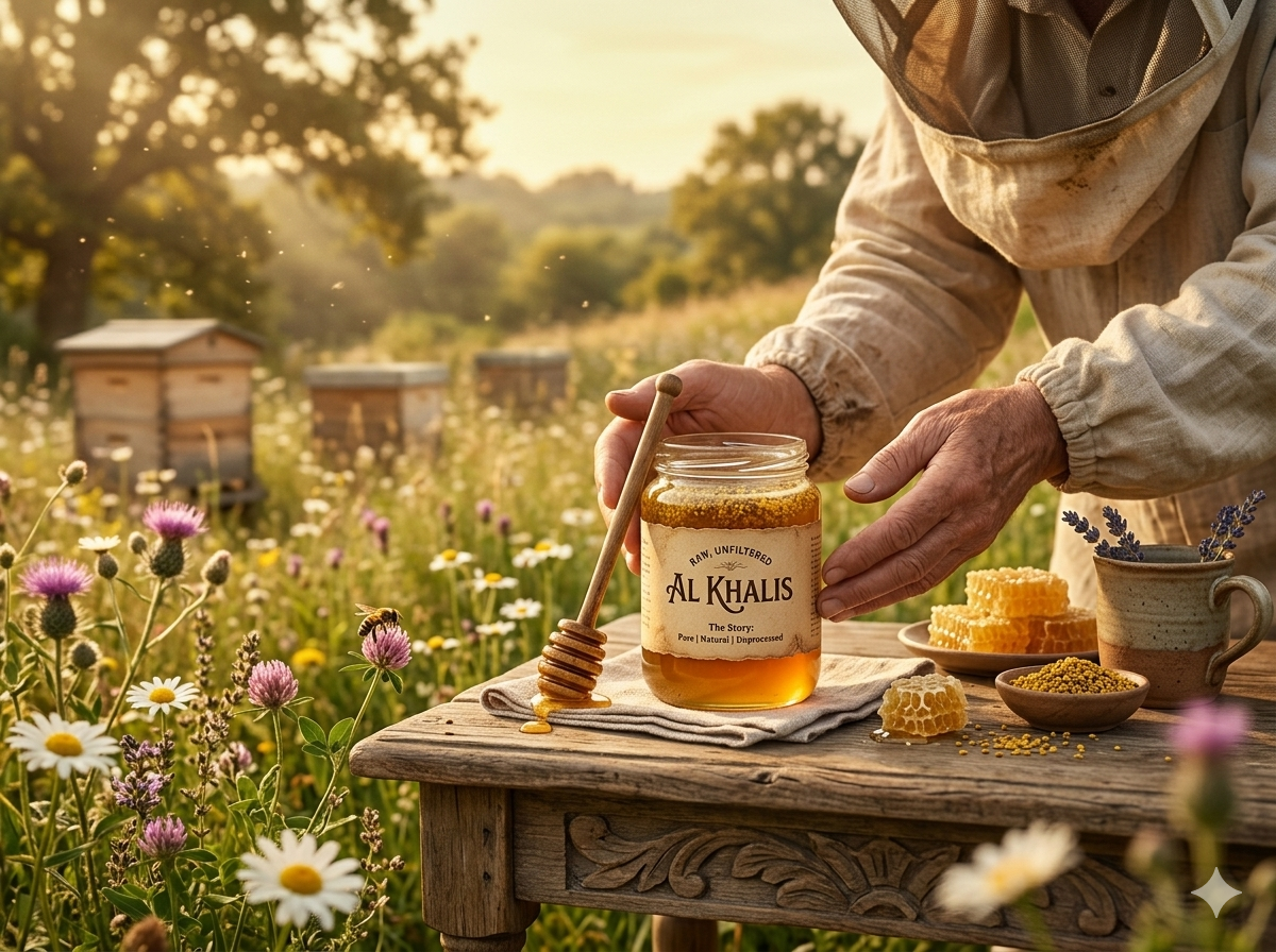 Al Khalis Honey product jar with golden honey